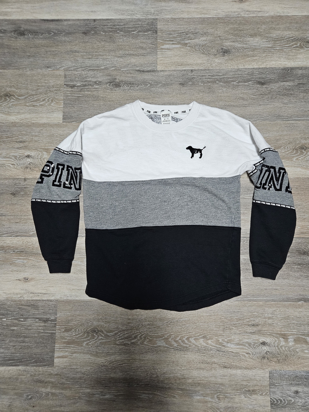 PINK Victoria's Secret 2015 Colorblock Long Sleeve Crew - White/Gray/Black